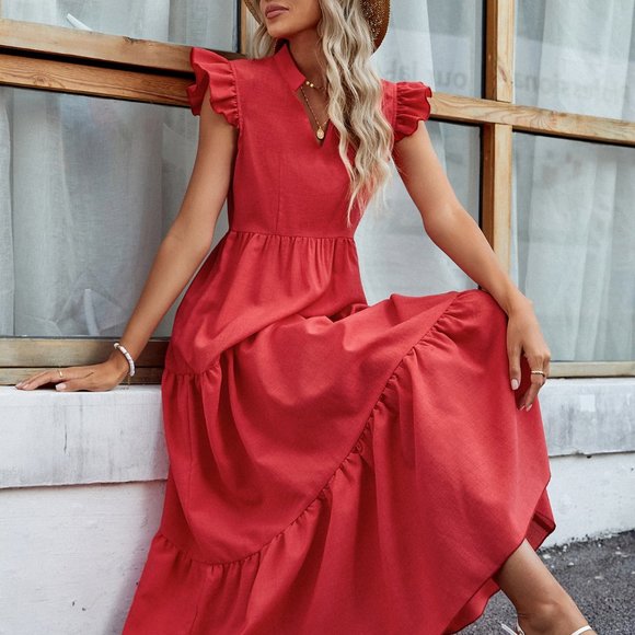 New Stand Collar Cap Sleeve Ruffle Hem Dress Red - Picture 5 of 6